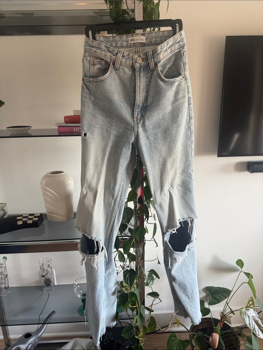 Zara Pale Blue Ripped Slim Straight Jeans